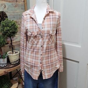 Como Vintage Women's Peach and Navy Plaid Flannel Button Down Top Oversized S